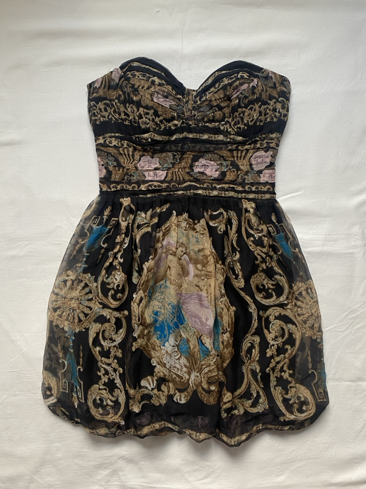 Vintage Bebe Silk Baroque Printed Bubble Dress 