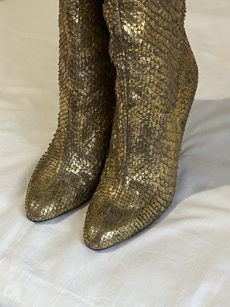 Vintage ‘00s Jimmy Choo Golden Snakeskin Knee High Boot Heels