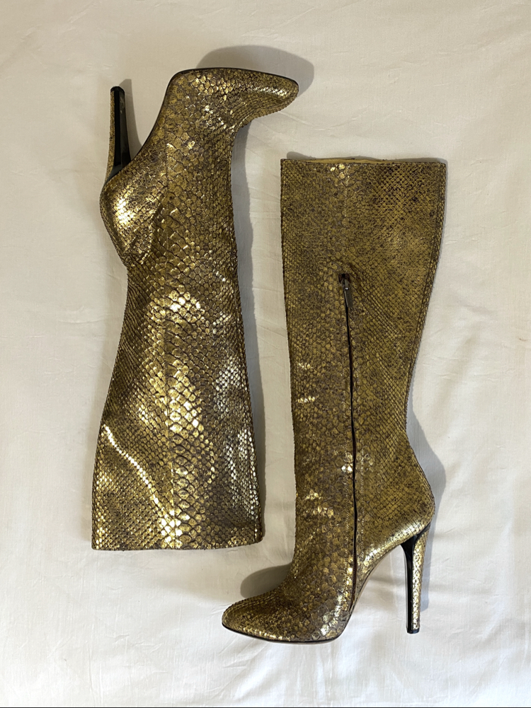 Vintage ‘00s Jimmy Choo Golden Snakeskin Knee High Boot Heels