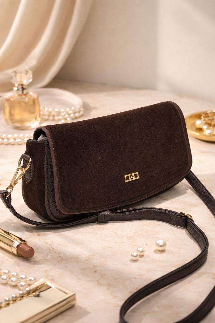 Vintage Kahve Süet Kadın Omuz & Çapraz Çanta – Gold Detaylı Şık Tasarım