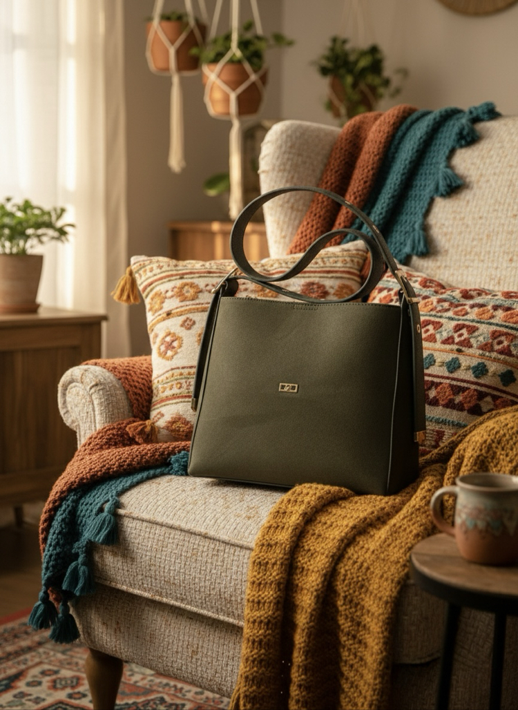 Haki Yeşil Süet Deri Omuz Çantası - Minimalist Tasarım