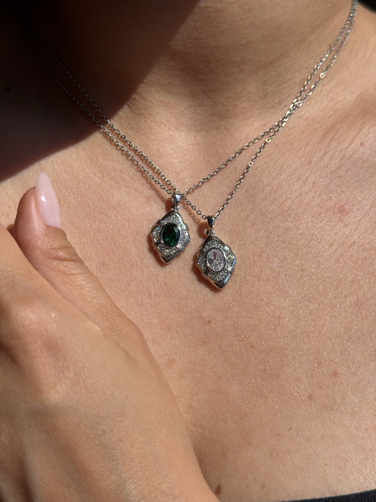 Silver Vintage taşlı kolye | Çelik ✨