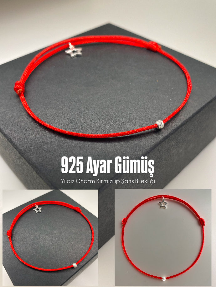 925 Ayar Gümüş Yıldız Charm Kırmızı İp Şans Bilekliği