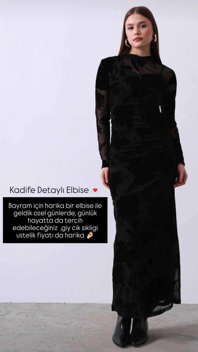 TÜL DETAYLİ KADİFE ÇİÇEKLİ MAXİ ELBİSE