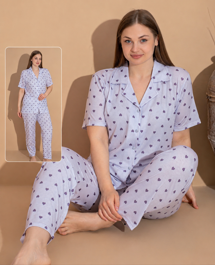 Kadın kalp desenli Milan pijama takımı