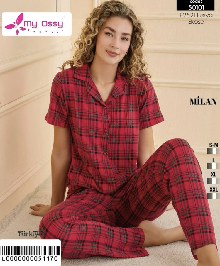 Kadın Ekose Fuşya Önden Düğmeli Milan Pijama Takımı