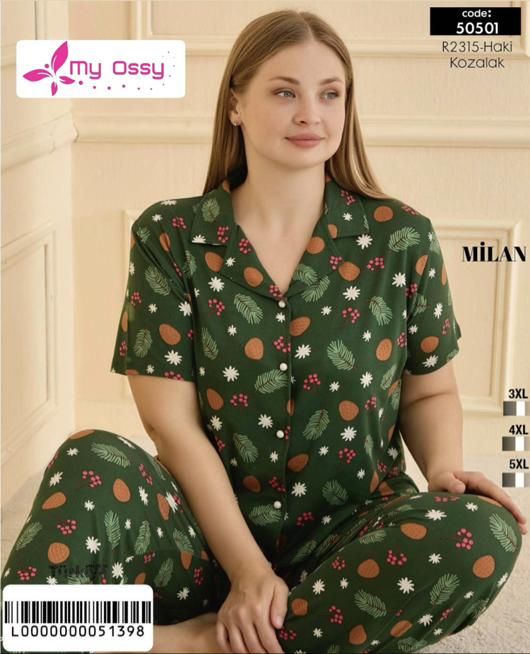 Kadın Haki Kozalak Desenli Önden Düğmeli Milan Büyük Beden Pijama Takımı