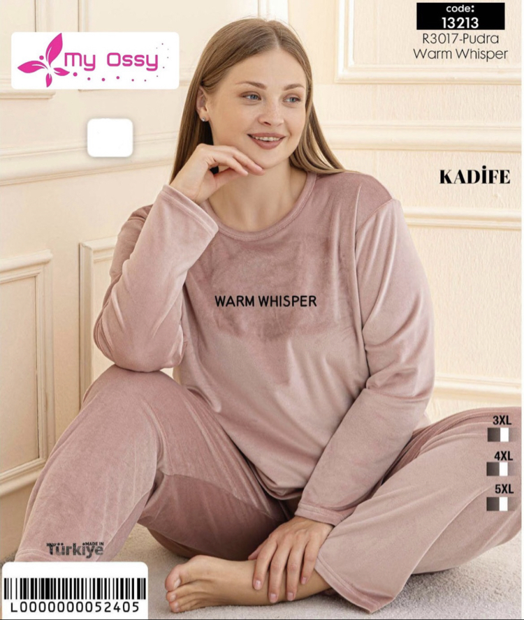 Kadın Fransız Kadife Pudra Büyük Beden Pijama Takımı