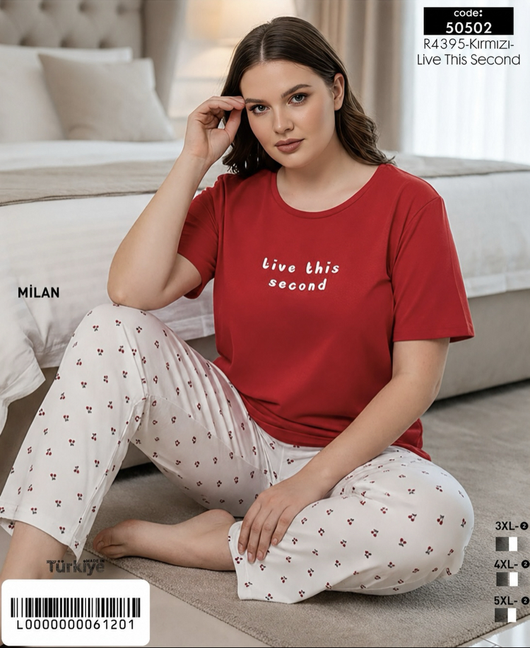 Kadın kiraz desenli kırmızı Milan büyük beden pijama takımı