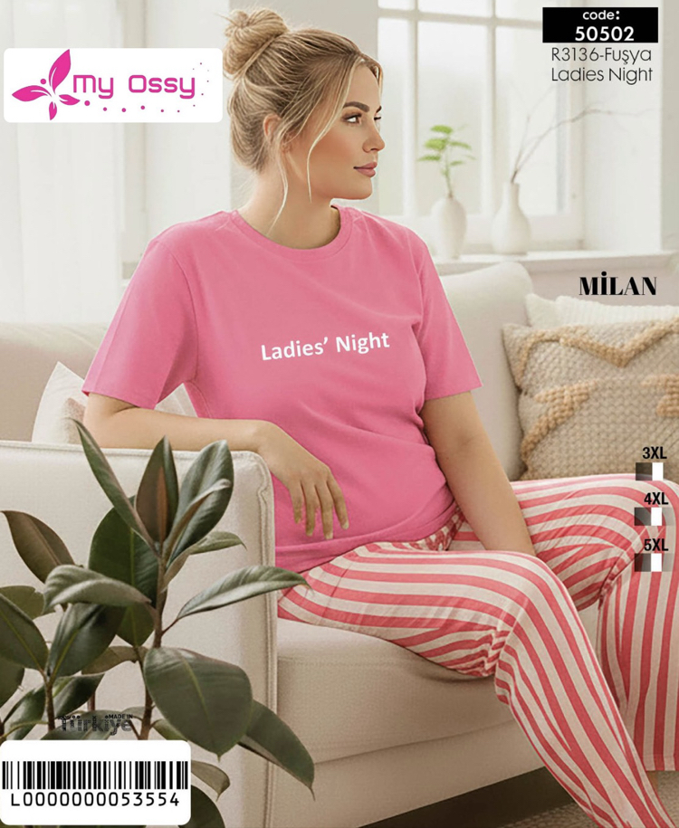 Kadın Fuşya Alt Çizgili Milan Büyük Beden Pijama Takımı