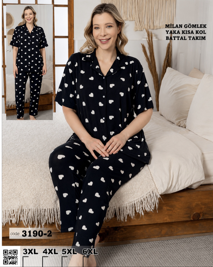 Kadın siyah kalp desenli önden düğmeli pijama takımı