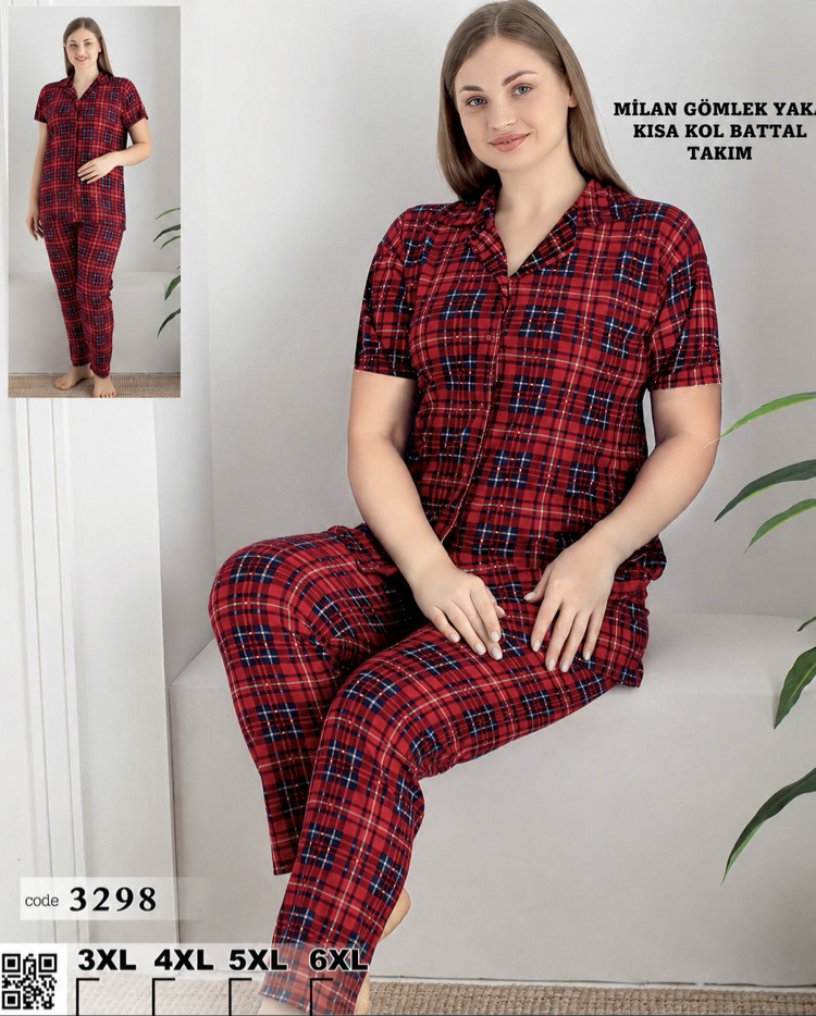 Kırmızı ekose önden düğmeli büyük beden pijama takımı