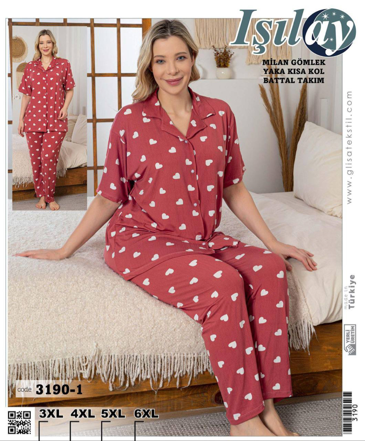 Kadın kalp desenli önden düğmeli Milan büyük beden pijama takımı
