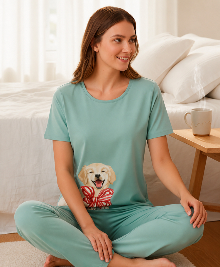 Kadın mint yeşili köpek desenli pijama takımı