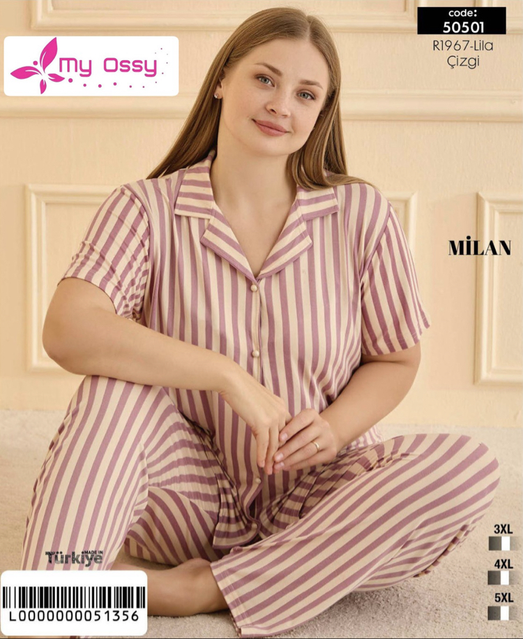 Kadın Önden Düğmeli lila çizgili büyük beden Milan Pijama Takımı