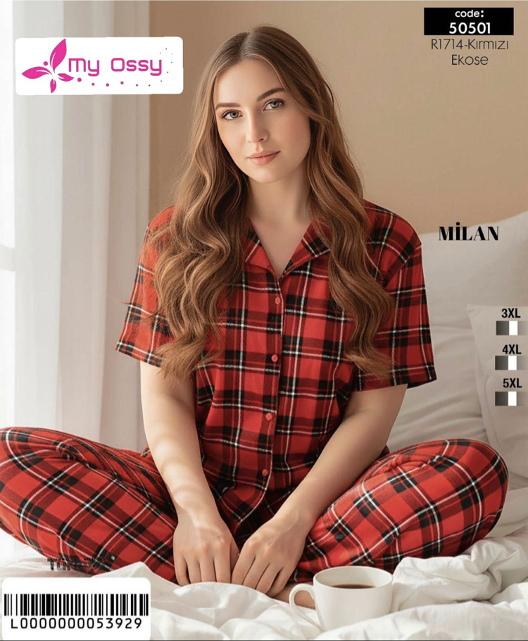 Kadın Kırmızı Ekose Önden Düğmeli Milan Büyük Beden Pijama Takımı