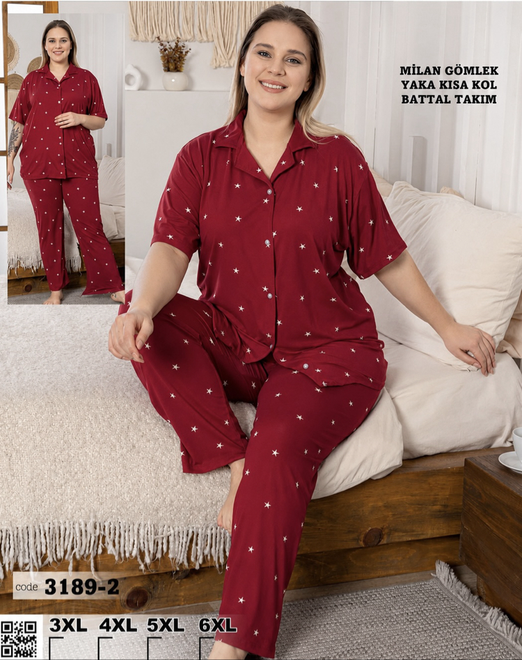 Kadın Kırmızı Yıldızlı Önden düğmeli Pijama Takımı