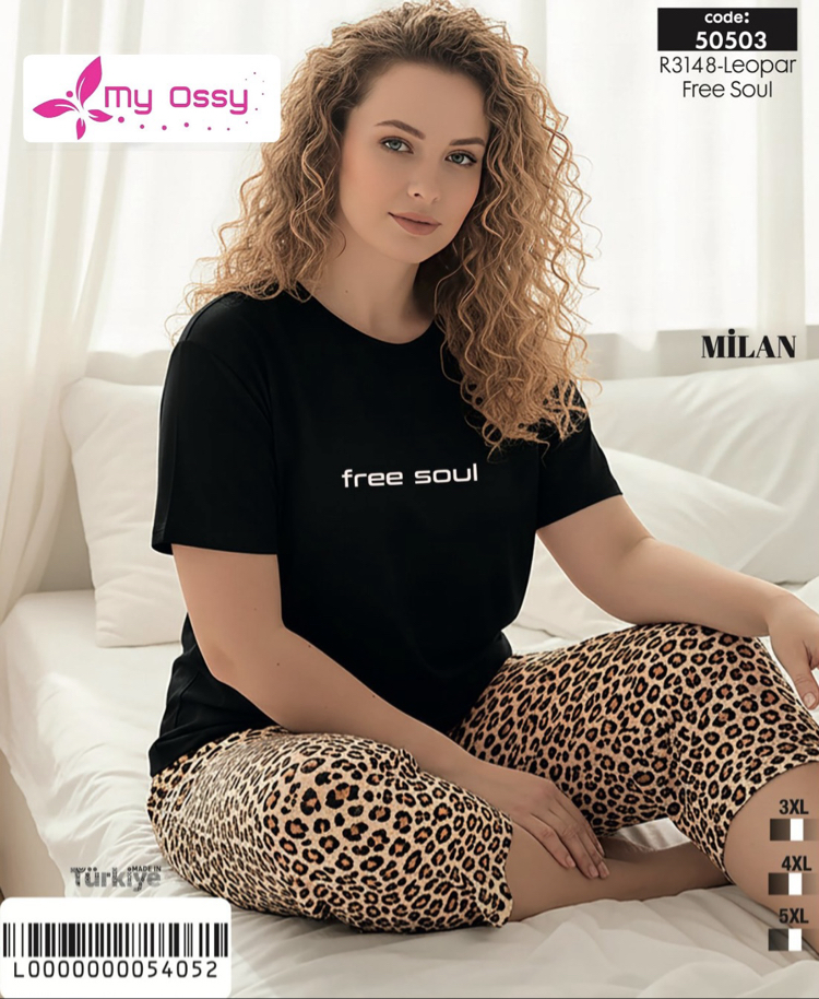 Siyah Alt leopar Kapri Büyük Beden Milan Pijama Takımı