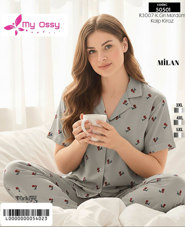 Kadın Büyük Beden  Gri Kiraz Desenli Önden Düğmeli Milan Pijama Takımı