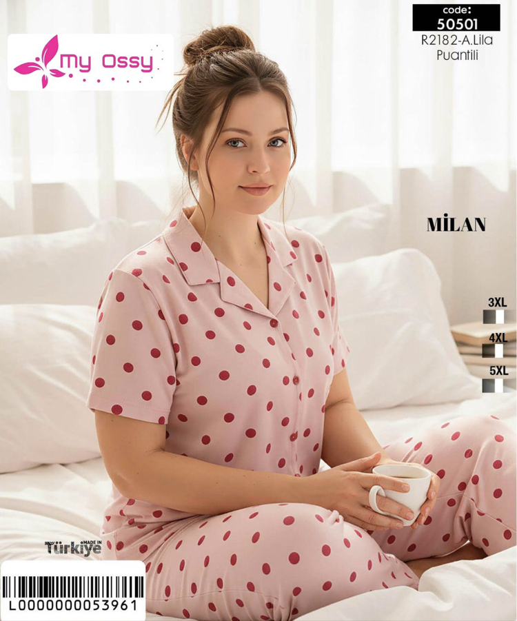 Kadın Puantiyeli Lila Büyük Beden Önden Düğmeli Milan Pijama Takımı