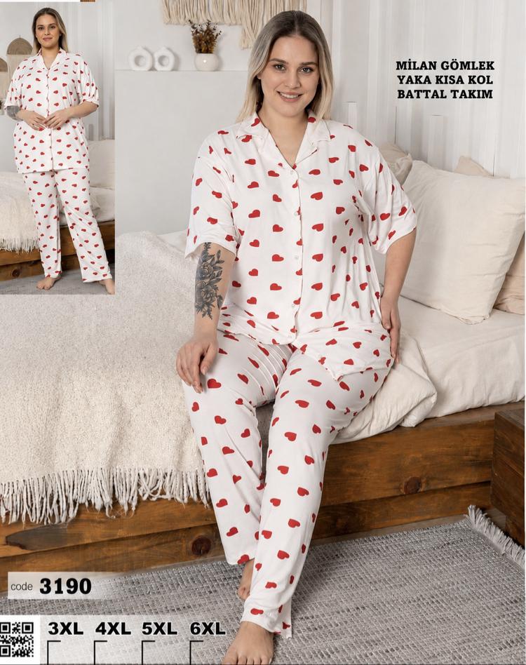 Kadın önden düğmeli kalp desenli büyük beden pijama takımı