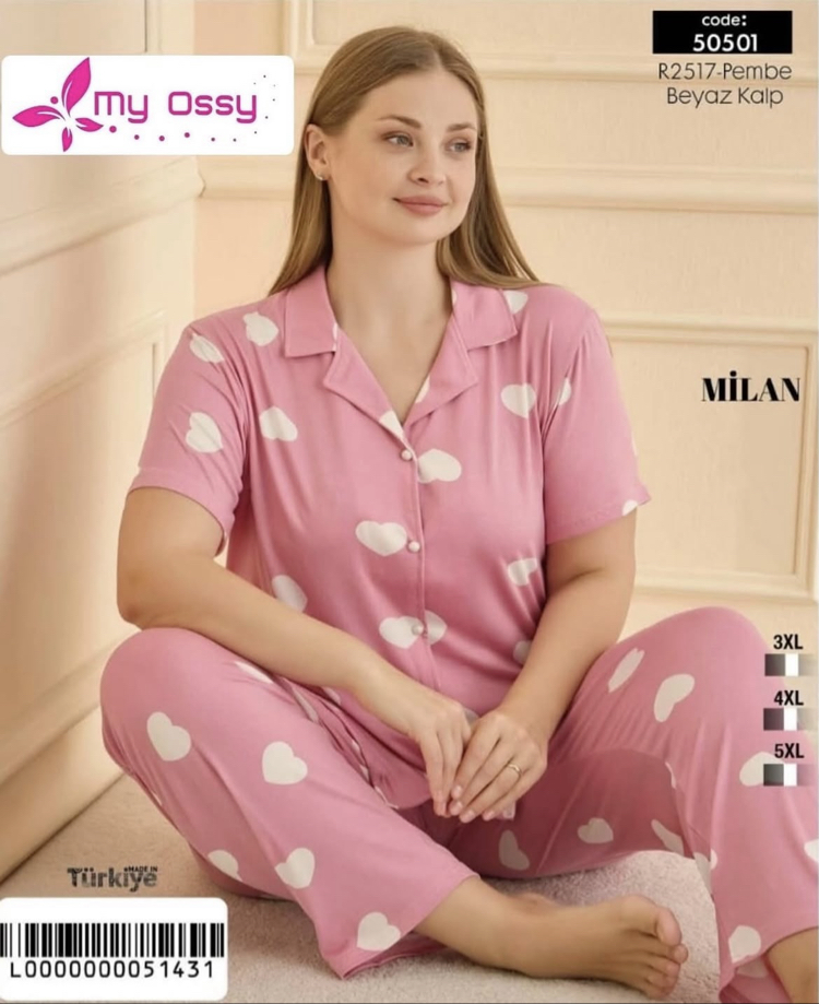 Kadın Büyük Beden Önden Düğmeli Milan Kap Desenli Pijama Takımı