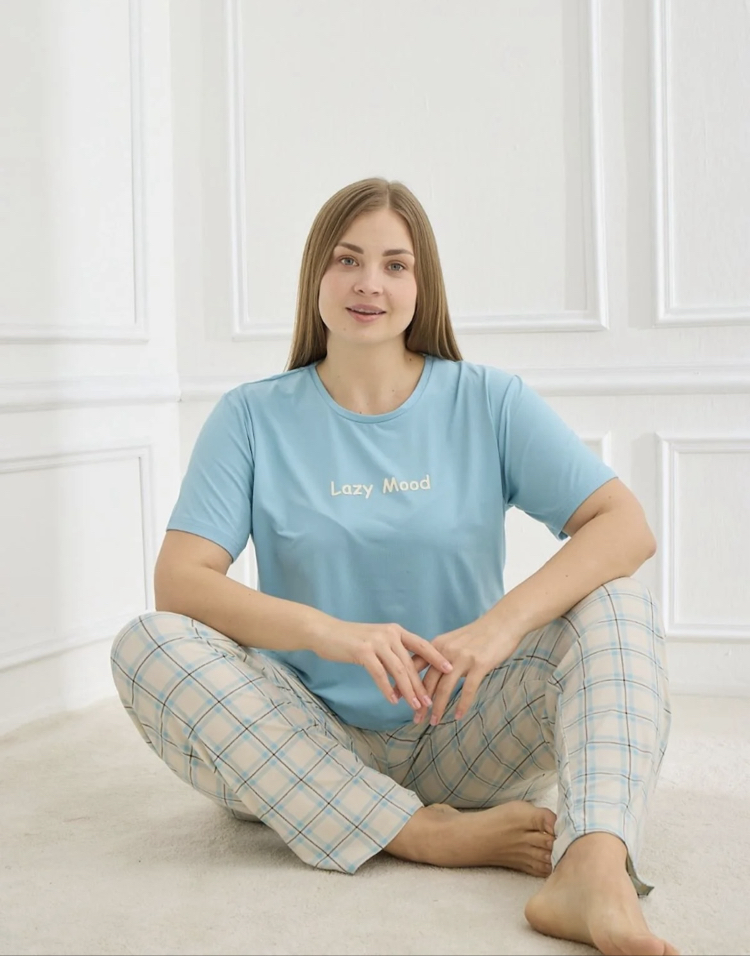 Kadın Mavi Milan Büyük Beden Milan Pijama Takımı