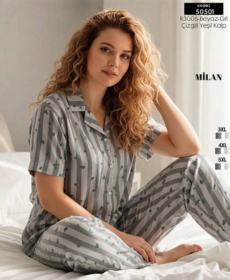 Kadın çizgili desenli önden düğmeli büyük beden pijama takımı