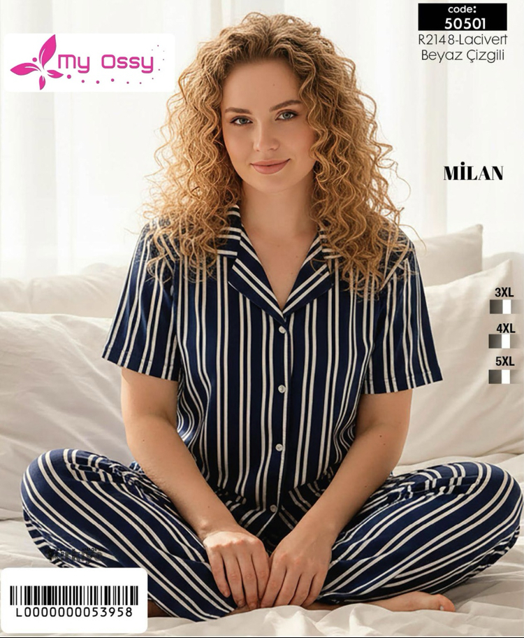 Kadın Lacivert Beyaz Çizgili Önden Düğmeli Milan Büyük Beden Pijama Takımı