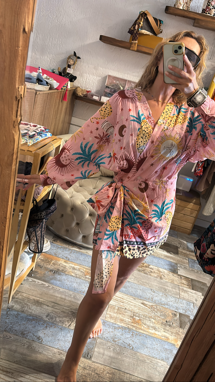 Fransız tasarım pamuk kimono elbise