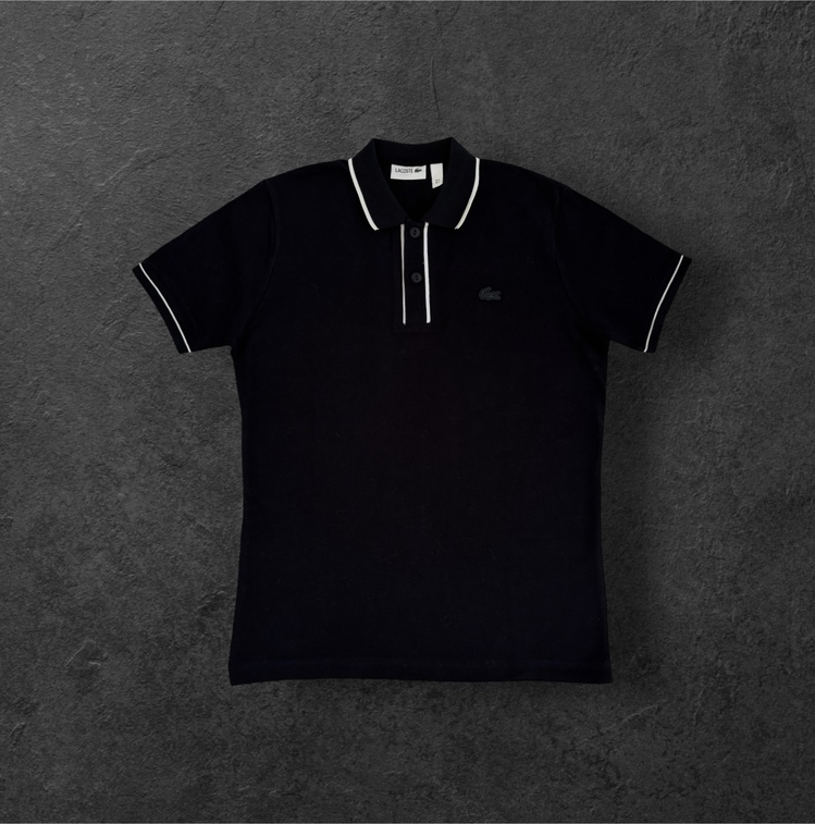 Lacoste Siyah, Yakası Çizgili İkonik Logolu Polo Tişört