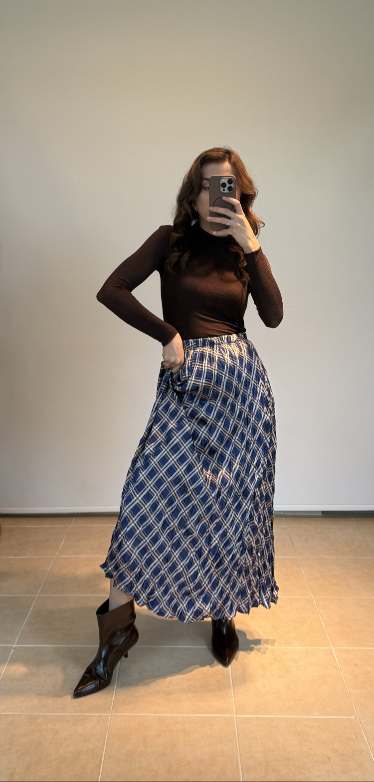 Ekose Desenli Midi Etek