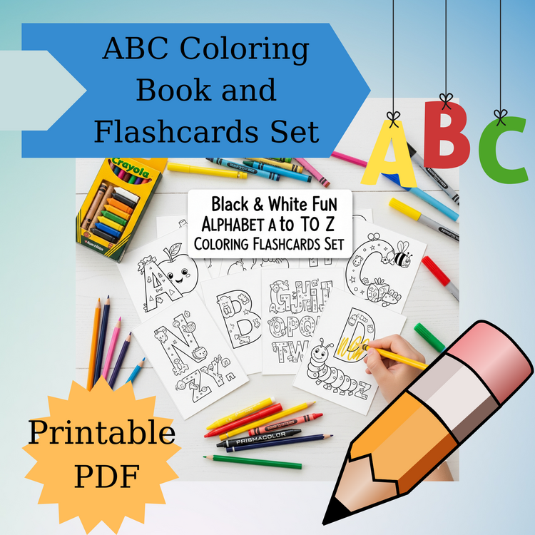 Black White Fun Alphabet A to Z Coloring Flashcards Set,ABC Coloring Book,Printable Alphabet Colorin