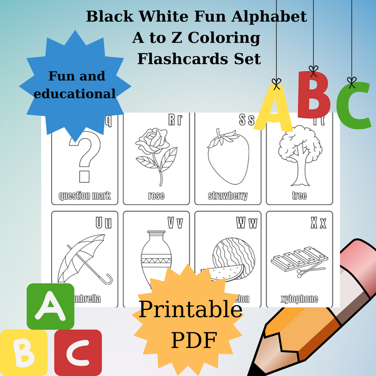Black White Fun Alphabet A to Z Coloring Flashcards Set,ABC Coloring Book,Printable Alphabet Colorin