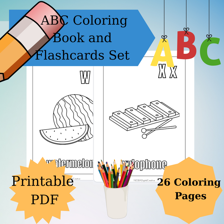 Black White Fun Alphabet A to Z Coloring Flashcards Set,ABC Coloring Book,Printable Alphabet Colorin