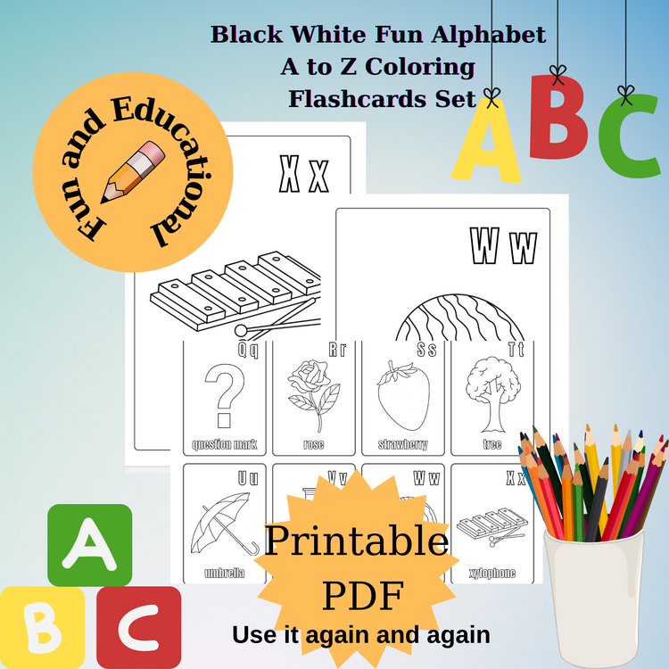Black White Fun Alphabet A to Z Coloring Flashcards Set,ABC Coloring Book,Printable Alphabet Colorin