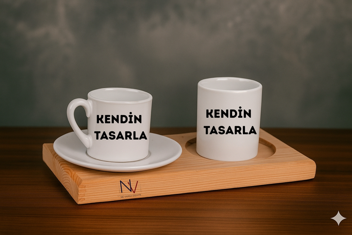Ahşap Standlı Türk Kahvesi Fincanı ve Kulpsuz Kupa 