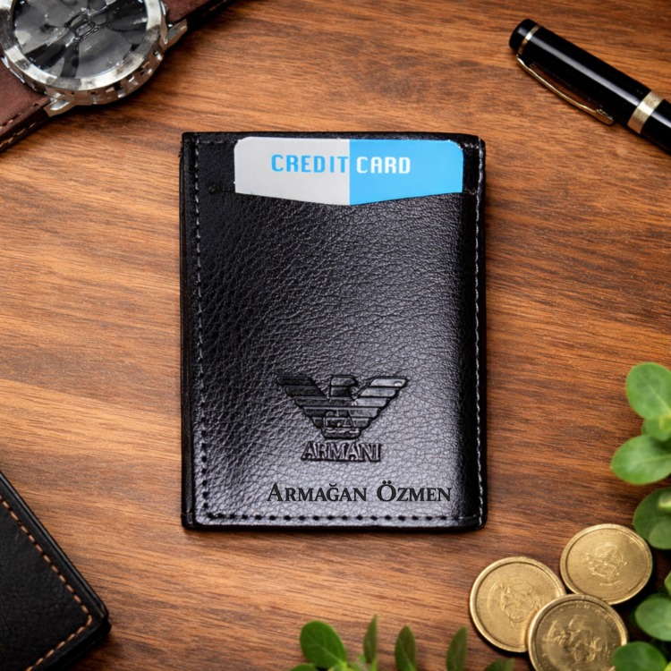 Kişiye Özel İsimli Erkek Armani Siyah Deri Kartlık