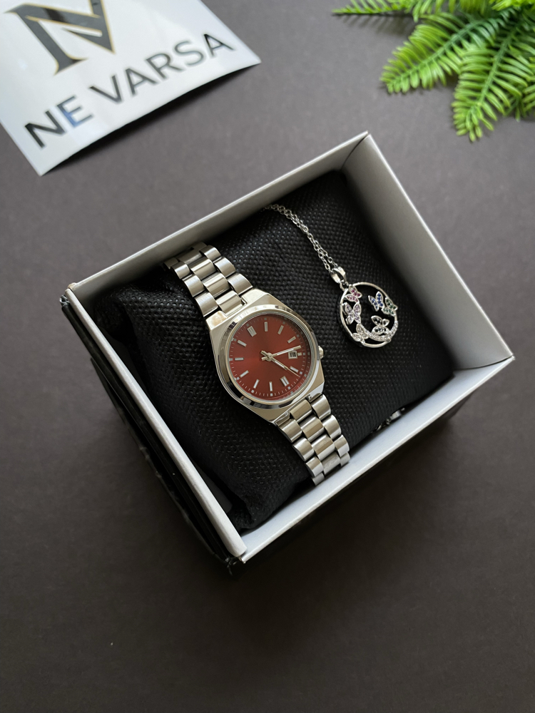 Gümüş Çelik Kordon Kırmızı Kadran Kadın Saat & Taşlı Yuvarlak Kolye Hediye Seti