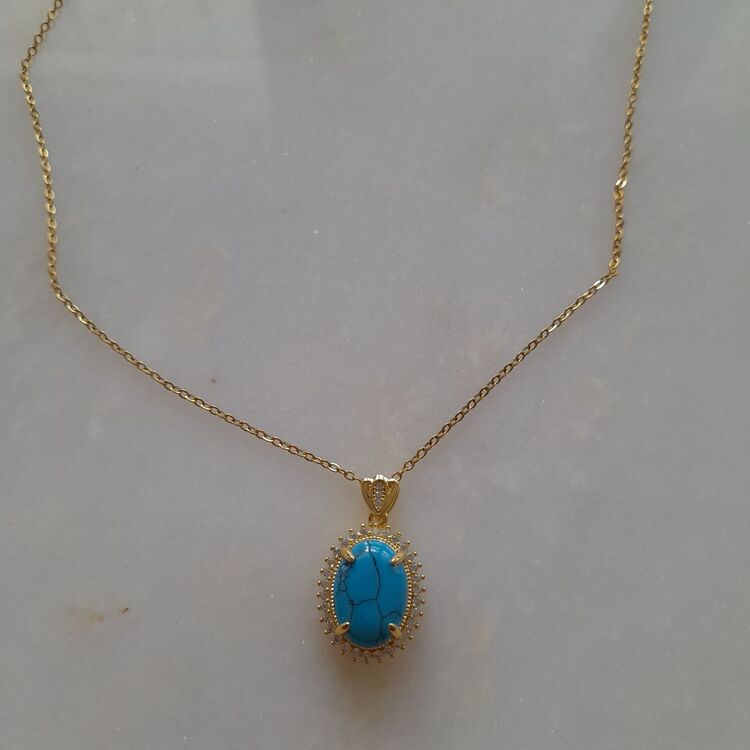 Çelik  Mavi Firuze Taşlı Gold Kolye