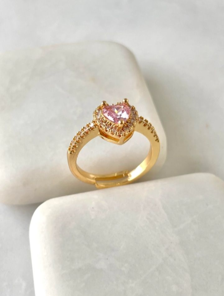 Altın Kaplama Pembe Taşlı Kalp Gold Yüzük