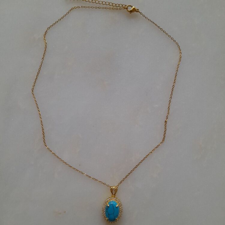 Çelik  Mavi Firuze Taşlı Gold Kolye