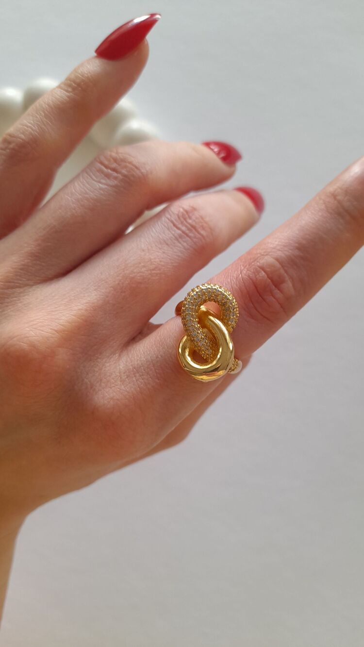 Altın Kaplama Taşlı Düğüm Geçmeli Gold Yüzük 