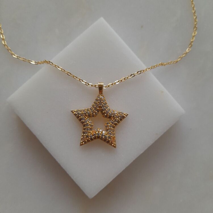 Çelik Yıldız Model Zirkon Taşlı Gold Kolye