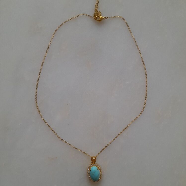 Çelik Turkuaz Mavisi Firuze Taşlı Gold Kolye 