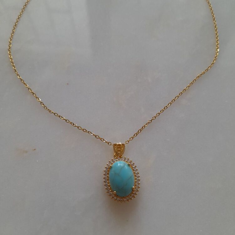 Çelik Turkuaz Mavisi Firuze Taşlı Gold Kolye 