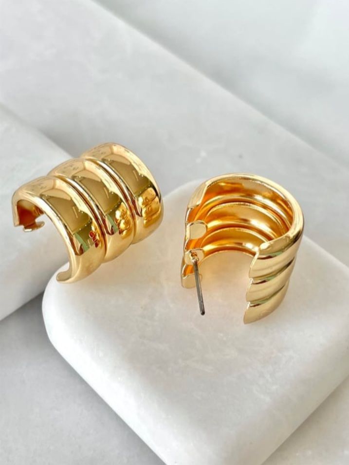 Altın Kaplama Üçlü Görünümlü Kalın Basic Gold Küpe