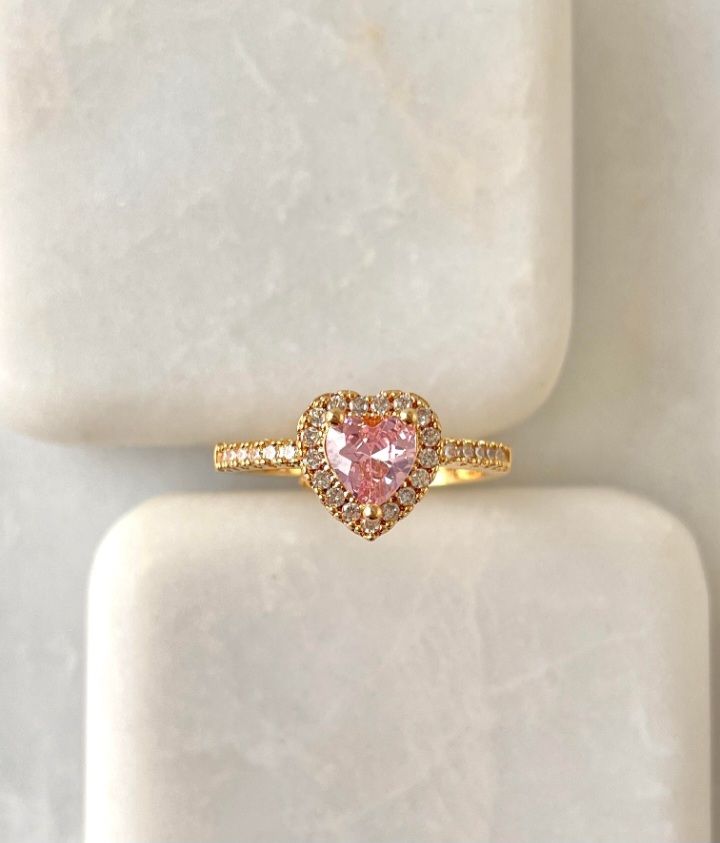 Altın Kaplama Pembe Taşlı Kalp Gold Yüzük