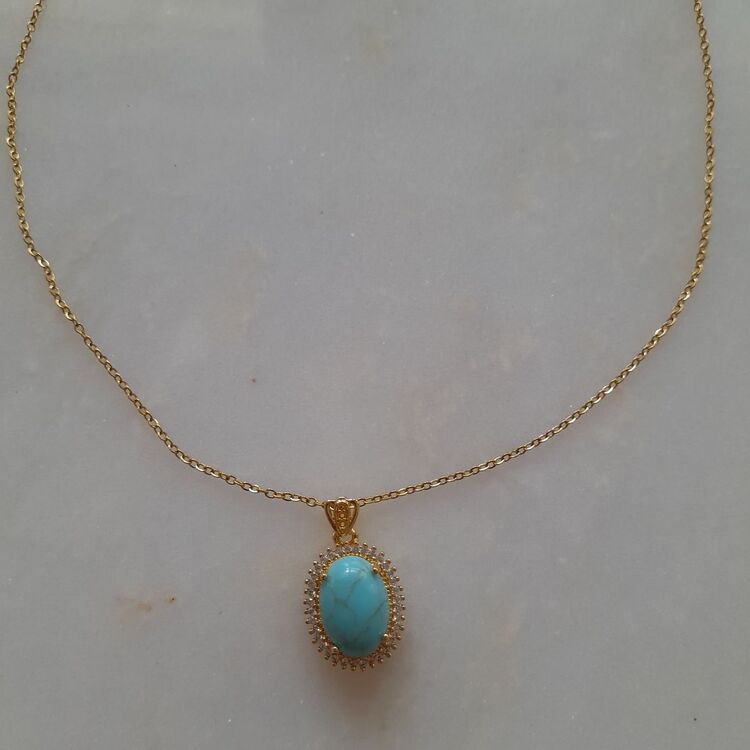Çelik Turkuaz Mavisi Firuze Taşlı Gold Kolye 
