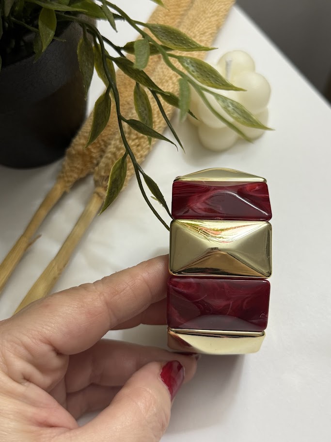 Bordo-Gold Kemik Görünüm Elastik Kelepçe -YZ2500186